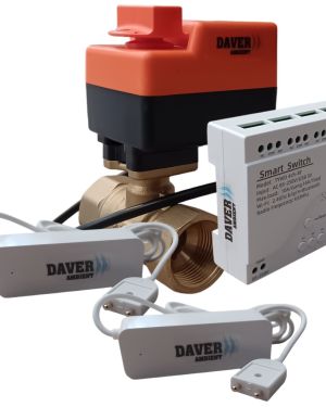 Pachet WiFi anti-inundatie cu alerta pe telefonul smart, cu doi senzori si vana de 1″ cu servomotor cu buton de control manual, Daver