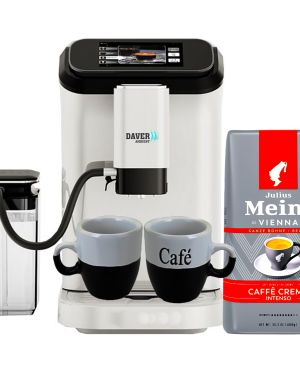 Pachet complet pentru iubitorii de cafea, Daver  – Espressor alb, automat, WiFi, 20 bar + Cafea boabe Julius Meinl + Set cani cadou