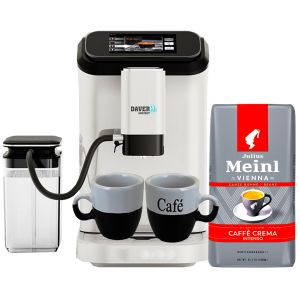 Pachet complet pentru iubitorii de cafea, Daver  – Espressor alb, automat, WiFi, 20 bar + Cafea boabe Julius Meinl + Set cani cadou